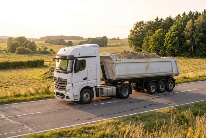 Hvid lastbil med tippertrailer fuld af jord på en landevej i aftensol