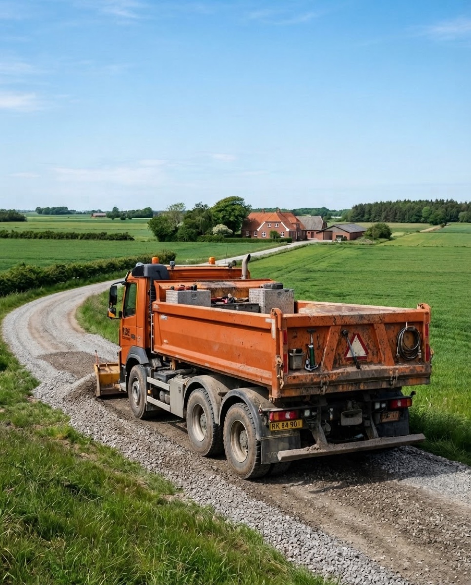 Orange lastbil på grusvej